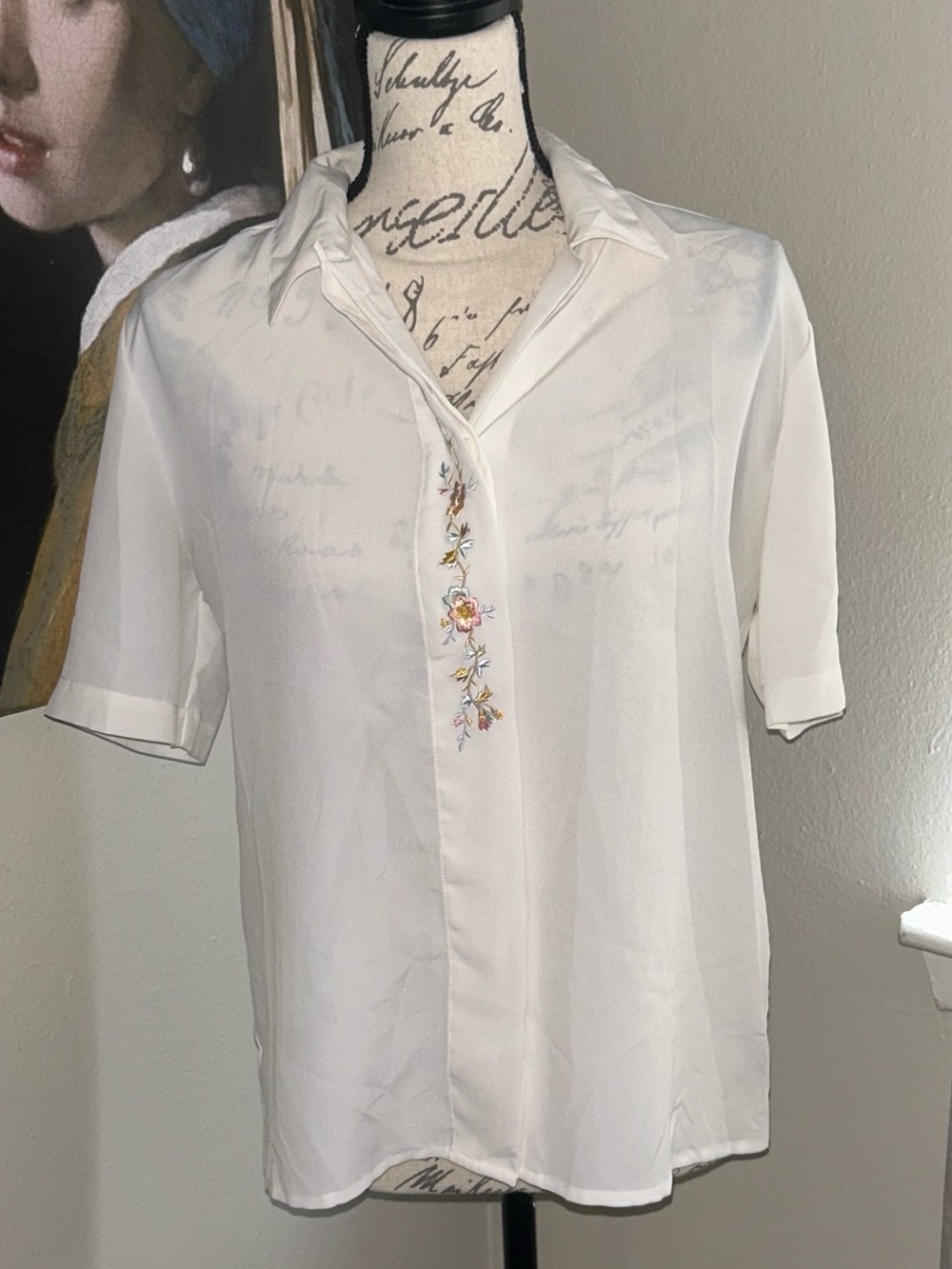 Vintage Joan Leslie Embroidered White Button Down Blouse Top Womens Size 8P